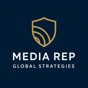 Logo of Media Rep Global Strategies. A shield on a blue background
